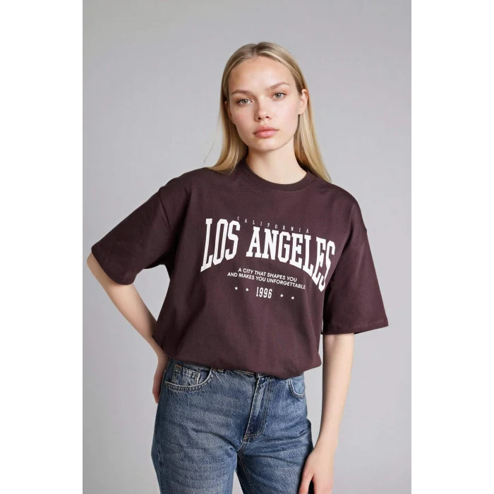 Defacto H1405AXBN340 Kahve Oversıze Baskılı Tişört