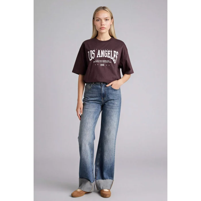 Defacto H1405AXBN340 Kahve Oversıze Baskılı Tişört