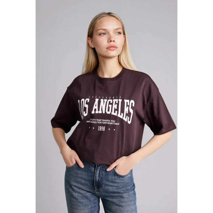 Defacto H1405AXBN340 Kahve Oversıze Baskılı Tişört