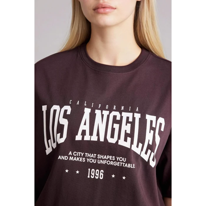 Defacto H1405AXBN340 Kahve Oversıze Baskılı Tişört