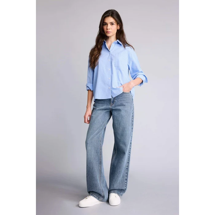 Defacto H1858AXBE409 Mavi Oversıze Poplin Uzun Kollu Gömlek