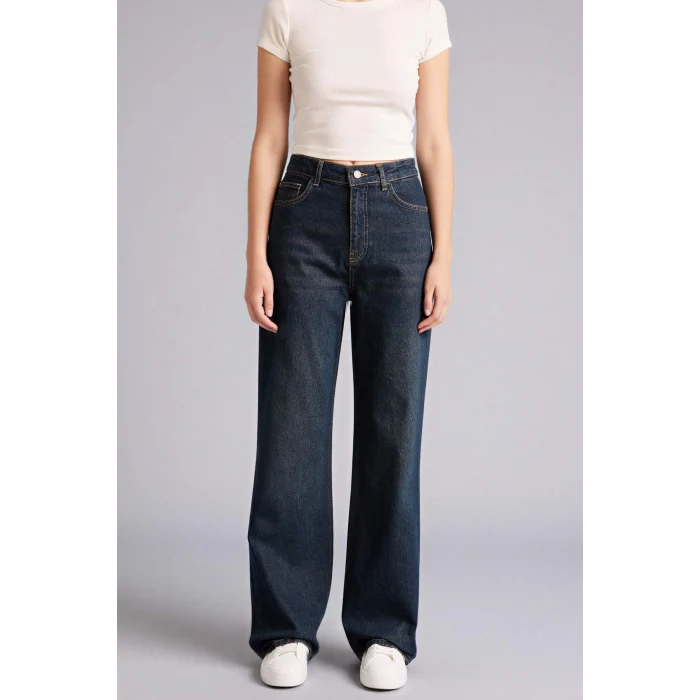 Defacto H0132AXNM28 Mavi 90s Wıde Leg Yüksek Bel Uzun Jean Yıkamalı Pantolon