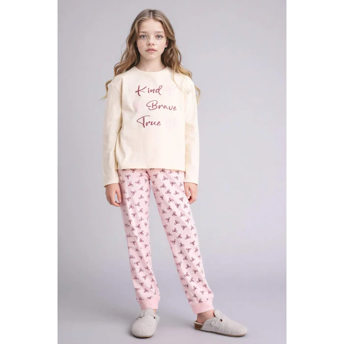 Defacto H0105A8ER233 Ekru %100 Pamuklu 2li Pijama Takımı Kız Çocuk