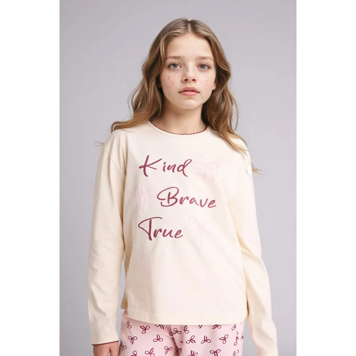 Defacto H0105A8ER233 Ekru %100 Pamuklu 2li Pijama Takımı Kız Çocuk