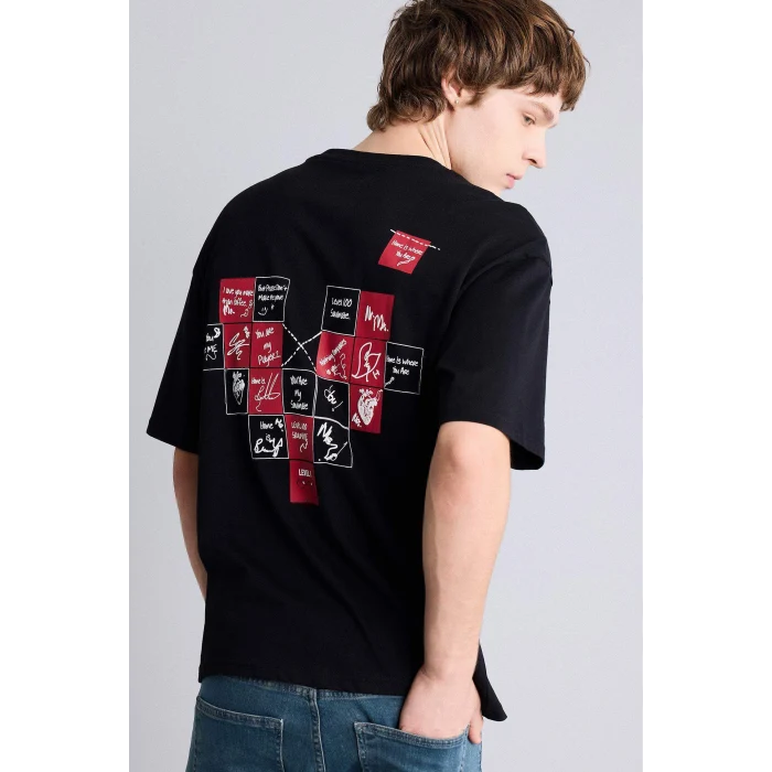 Defacto H0573AXBK81 Siyah %100 Pamuk Boxy Fit Baskılı Tişört