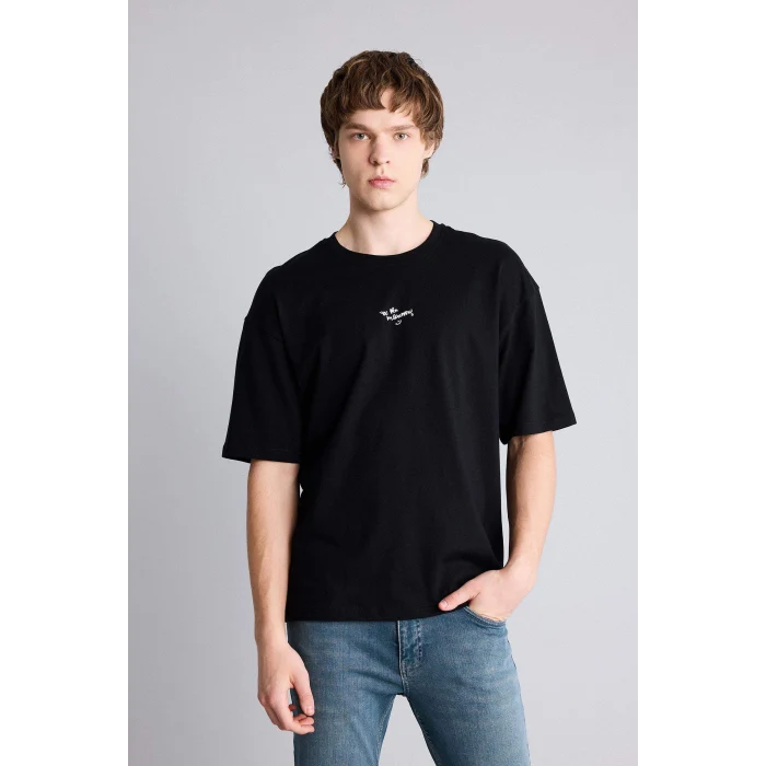 Defacto H0573AXBK81 Siyah %100 Pamuk Boxy Fit Baskılı Tişört