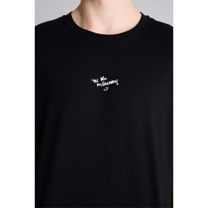 Defacto H0573AXBK81 Siyah %100 Pamuk Boxy Fit Baskılı Tişört