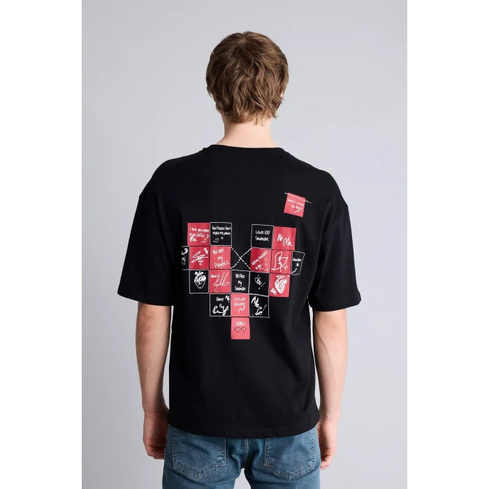 Defacto H0573AXBK81 Siyah %100 Pamuk Boxy Fit Baskılı Tişört