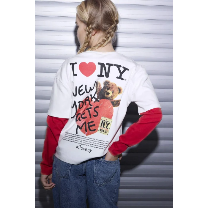 Defacto H0147A8ER105 Ekru I Love NY Oversıze Tişört Kız Çocuk