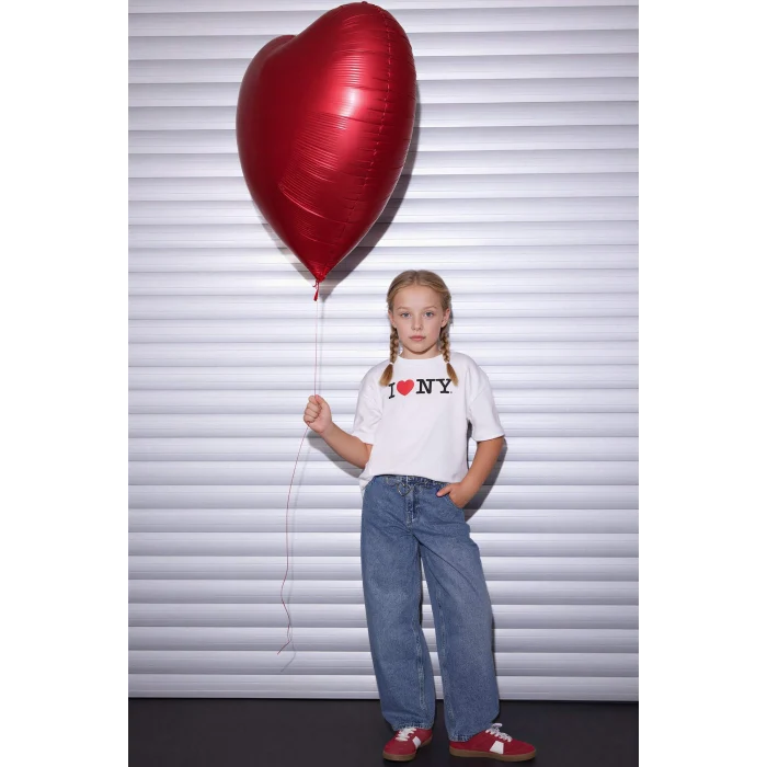 Defacto H0147A8ER105 Ekru I Love NY Oversıze Tişört Kız Çocuk