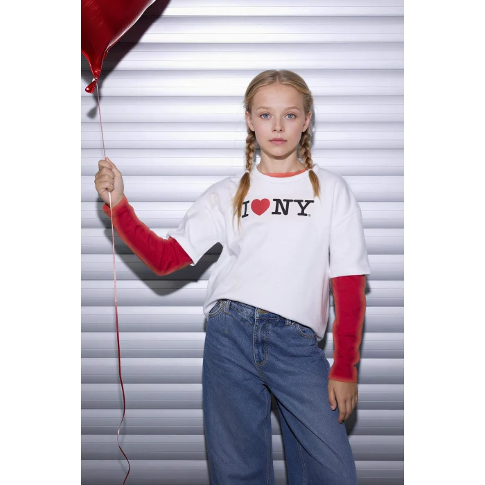 Defacto H0147A8ER105 Ekru I Love NY Oversıze Tişört Kız Çocuk