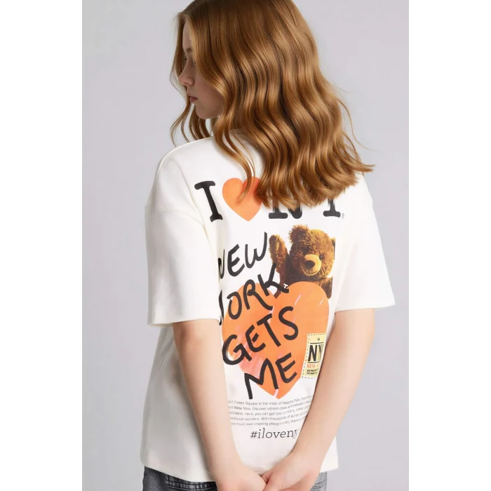 Defacto H0147A8ER105 Ekru I Love NY Oversıze Tişört Kız Çocuk
