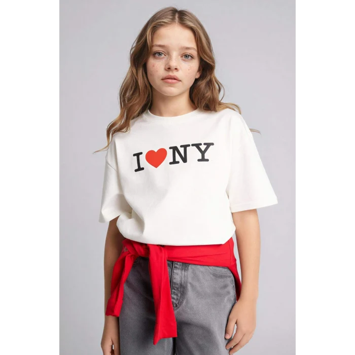 Defacto H0147A8ER105 Ekru I Love NY Oversıze Tişört Kız Çocuk
