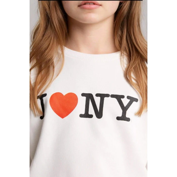 Defacto H0147A8ER105 Ekru I Love NY Oversıze Tişört Kız Çocuk