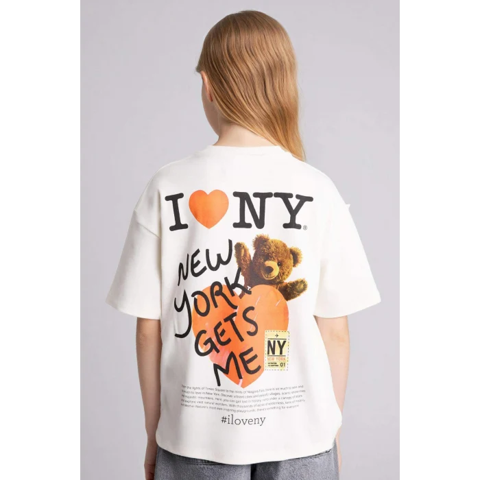 Defacto H0147A8ER105 Ekru I Love NY Oversıze Tişört Kız Çocuk