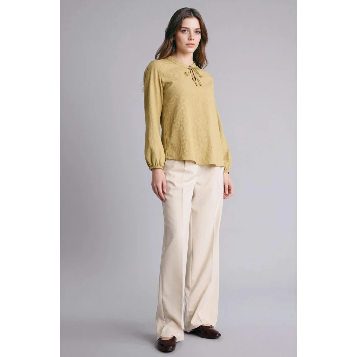 Defacto H0491AXKH497 Haki Gofre Dokulu Bluz