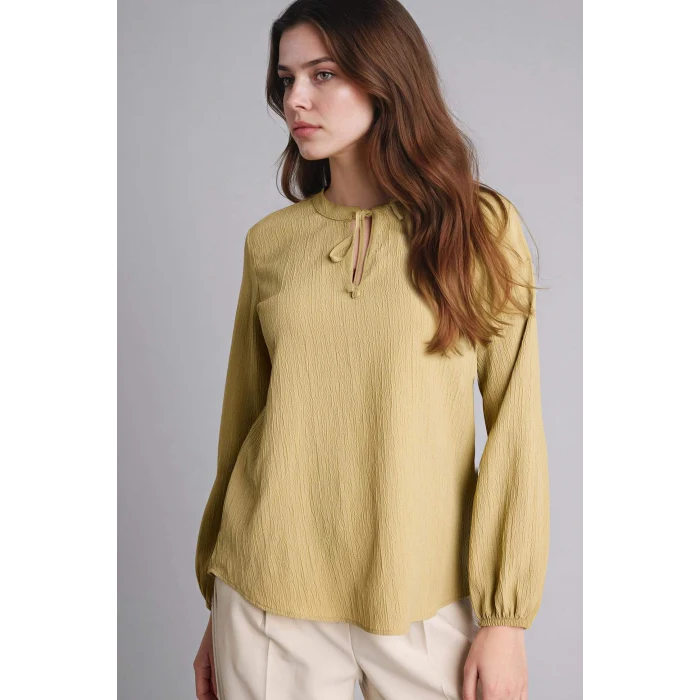 Defacto H0491AXKH497 Haki Gofre Dokulu Bluz