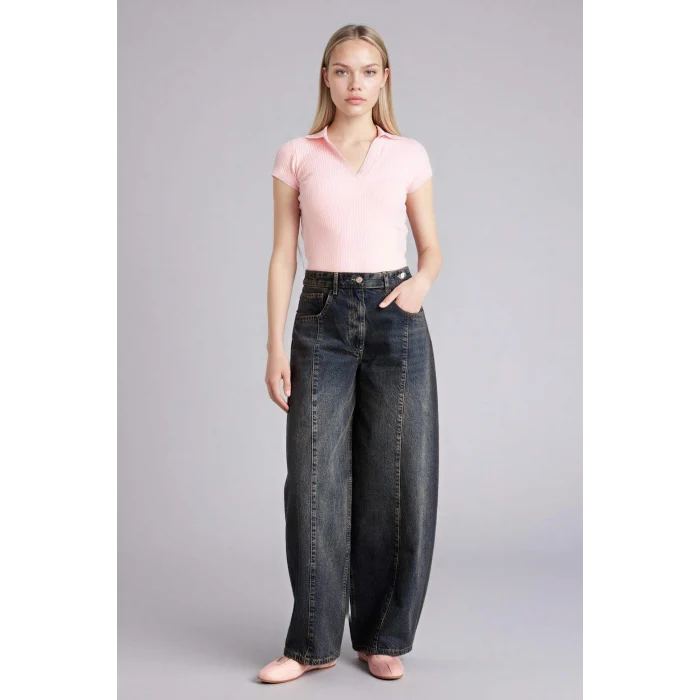 Defacto G8735AXPN671 Pembe Kadınlar Günü Slım Fıt Kaçık Yaka Basıc Düz Fitilli Kaşkorse Kısa Kollu Polo Tişört