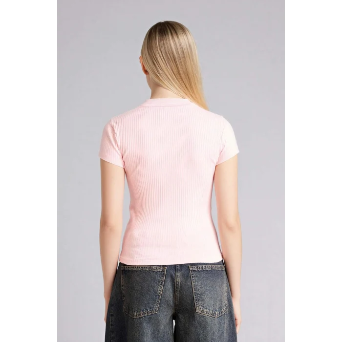 Defacto G8735AXPN671 Pembe Kadınlar Günü Slım Fıt Kaçık Yaka Basıc Düz Fitilli Kaşkorse Kısa Kollu Polo Tişört