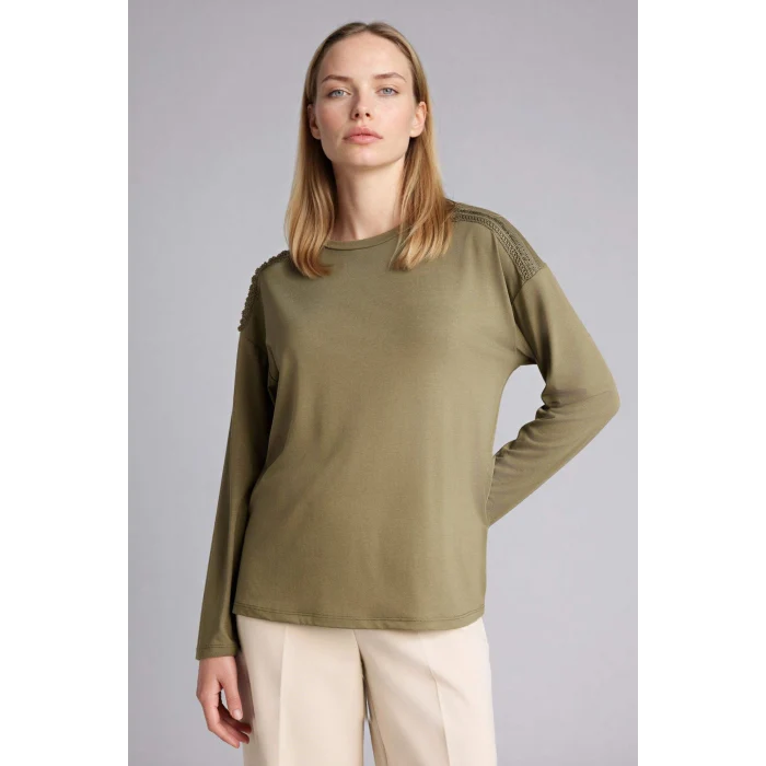 Defacto E9905AXKH21 Haki Regular Fıt Uzun Kollu Tişört