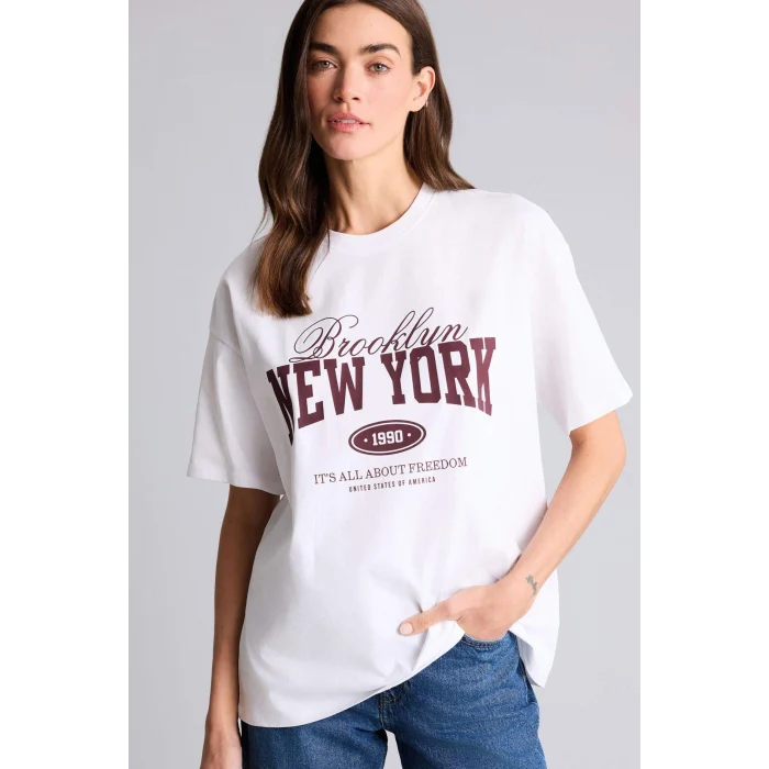 Defacto H1404AXWT34 Beyaz Oversıze Baskılı Tişört