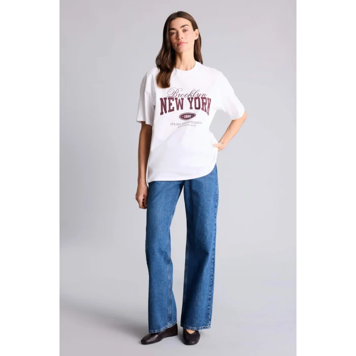 Defacto H1404AXWT34 Beyaz Oversıze Baskılı Tişört