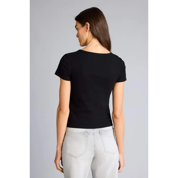 Defacto H2034AXBK81 Siyah Regular Fıt Basıc Düz Fitilli Kaşkorse Kısa Kollu Tişört