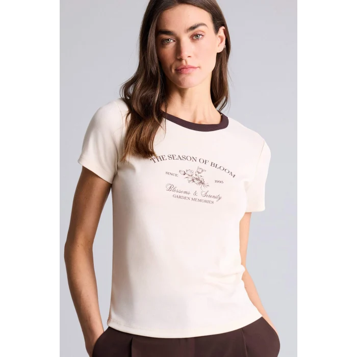 Defacto H1403AXBG144 Bej Regular Fıt Baskılı Ribana Tişört