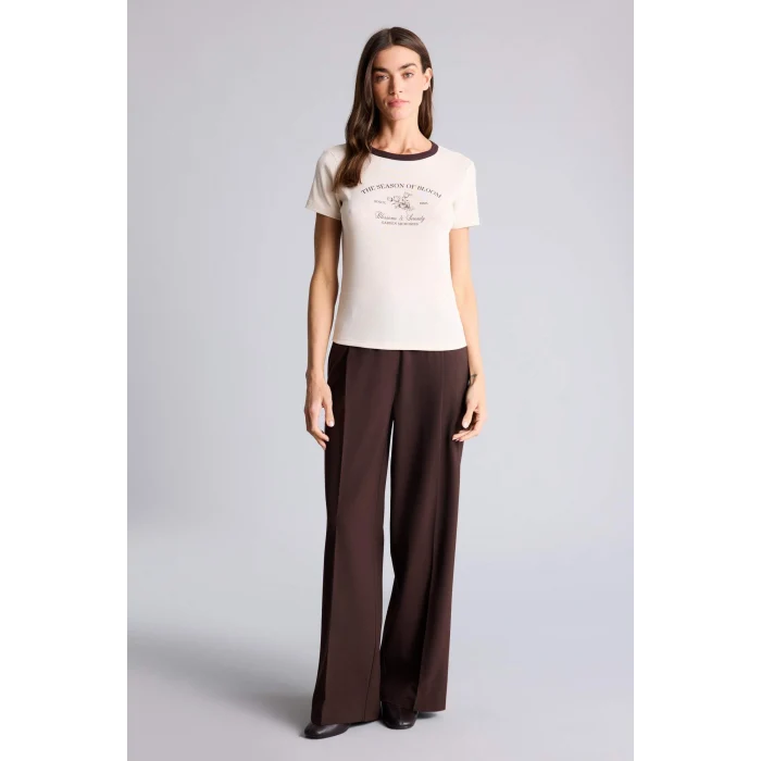 Defacto H1403AXBG144 Bej Regular Fıt Baskılı Ribana Tişört