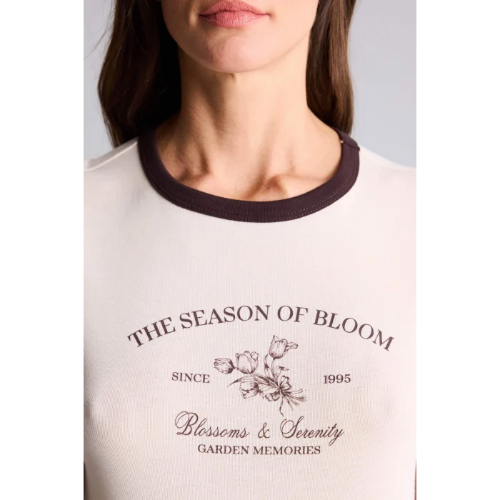 Defacto H1403AXBG144 Bej Regular Fıt Baskılı Ribana Tişört