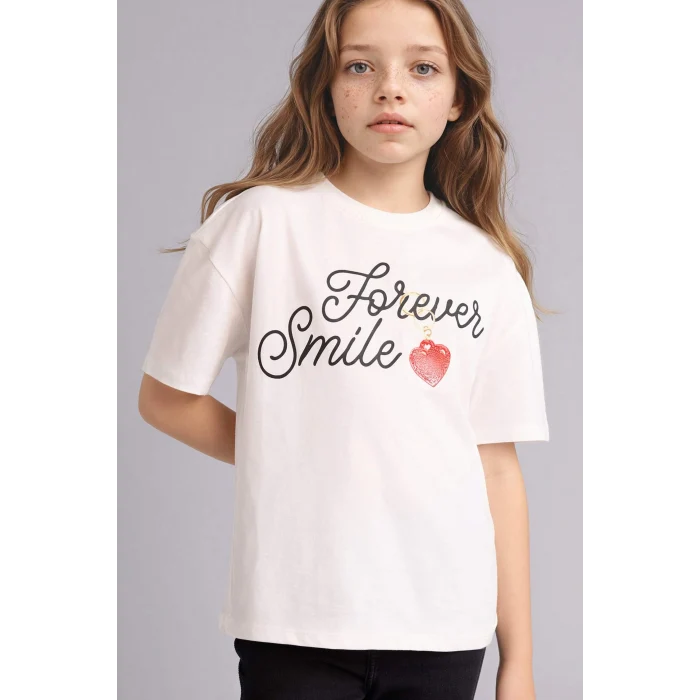 Defacto G1778A8ER105 Ekru Oversıze Baskılı Tişört Kız Çocuk