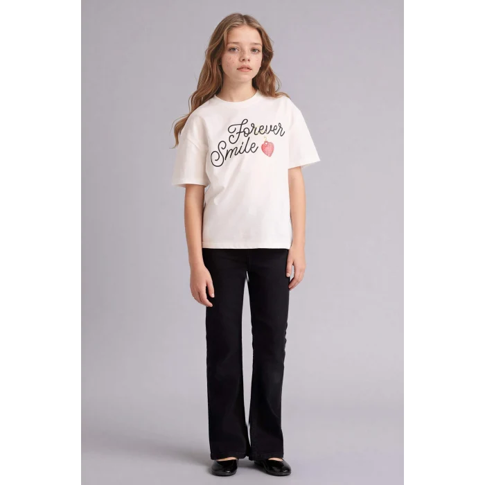 Defacto G1778A8ER105 Ekru Oversıze Baskılı Tişört Kız Çocuk