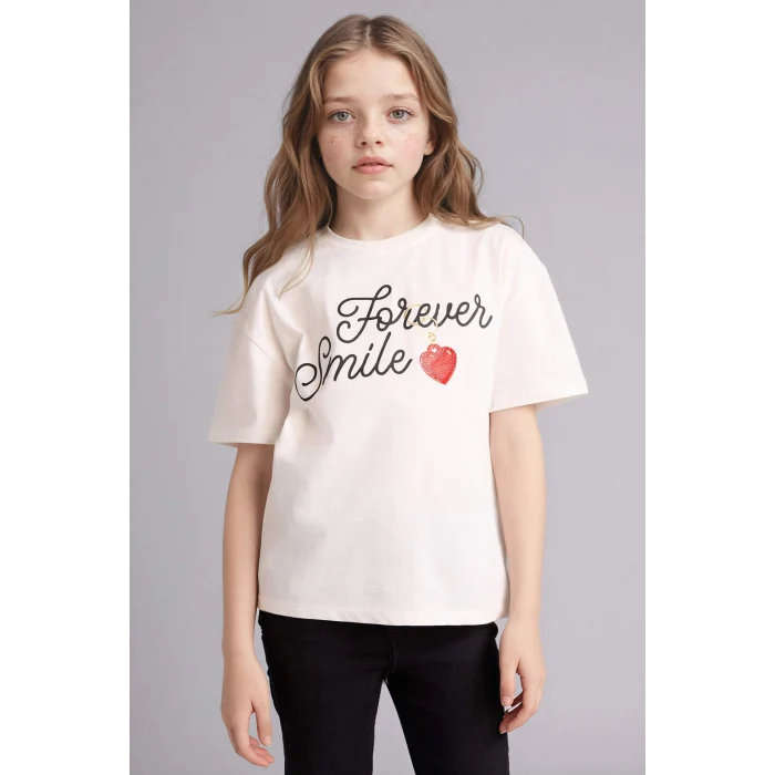 Defacto G1778A8ER105 Ekru Oversıze Baskılı Tişört Kız Çocuk