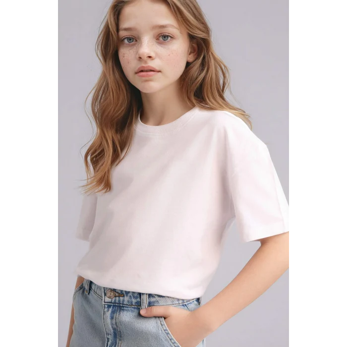 Defacto D9099A8WT34 Beyaz Relax Fıt Bisiklet Yaka Kısa Kollu Tişört Kız Çocuk