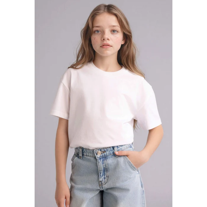 Defacto D9099A8WT34 Beyaz Relax Fıt Bisiklet Yaka Kısa Kollu Tişört Kız Çocuk