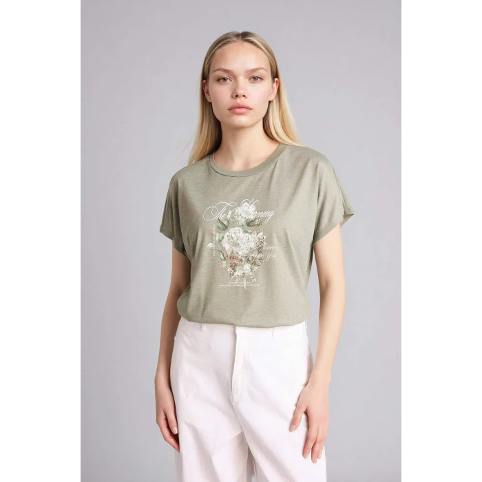 Defacto H1396AXGN931 Yeşil Bisiklet Yaka Çiçekli Kısa Kollu Tişört