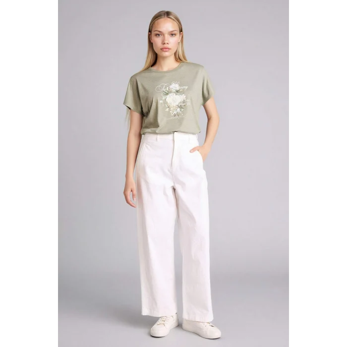 Defacto H1396AXGN931 Yeşil Bisiklet Yaka Çiçekli Kısa Kollu Tişört