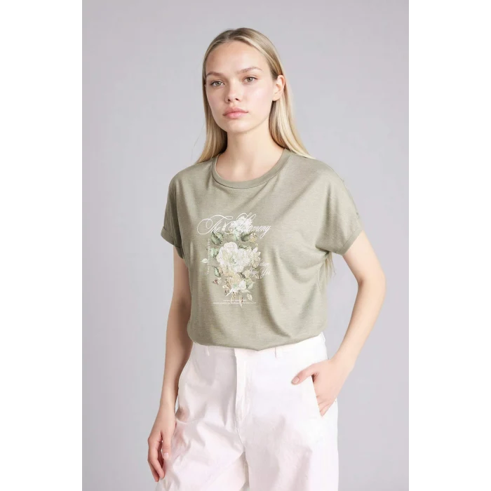 Defacto H1396AXGN931 Yeşil Bisiklet Yaka Çiçekli Kısa Kollu Tişört