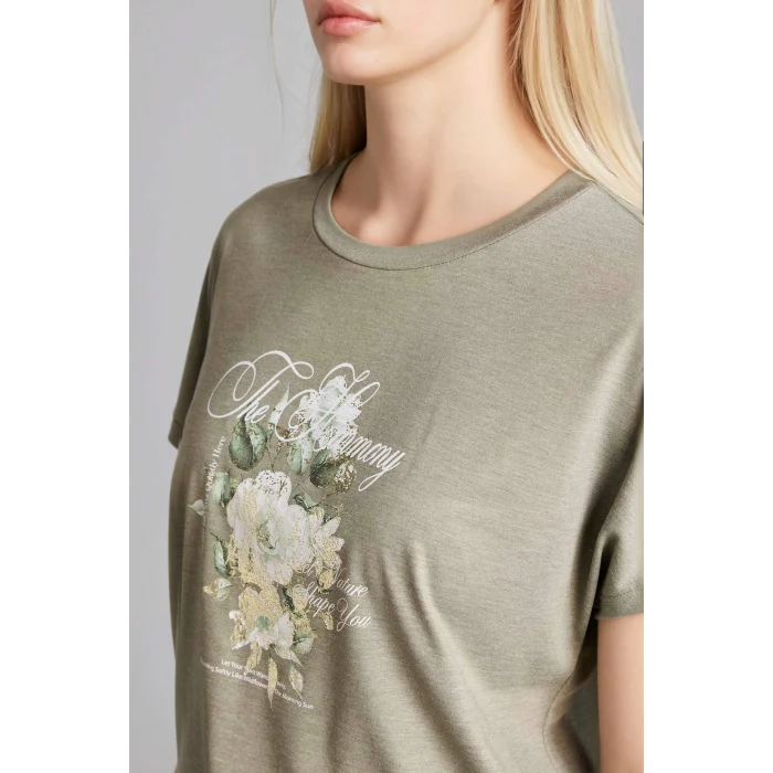 Defacto H1396AXGN931 Yeşil Bisiklet Yaka Çiçekli Kısa Kollu Tişört