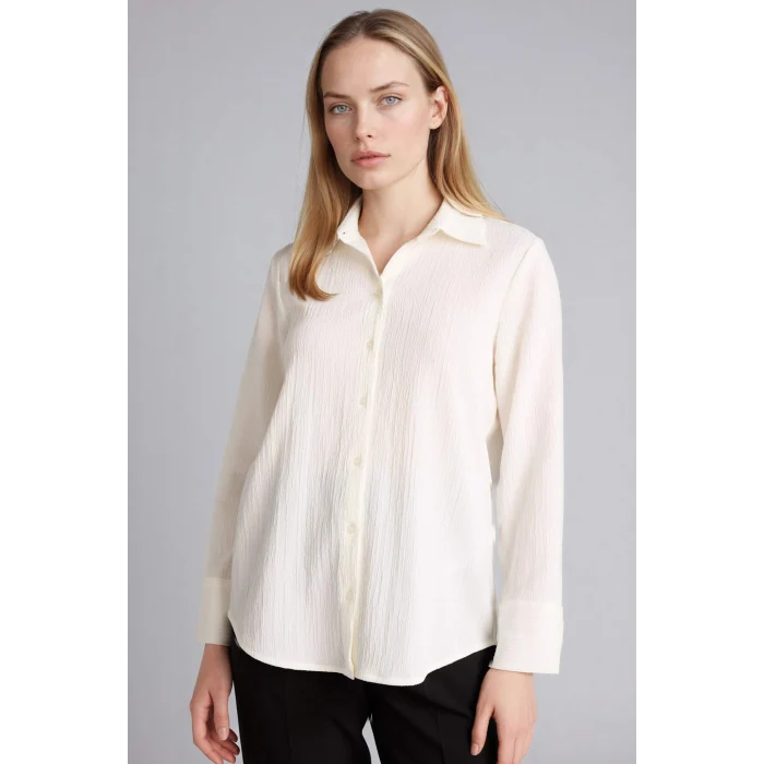 Defacto H0467AXER105 Ekru Regular Fıt Gofre Dokulu Gömlek