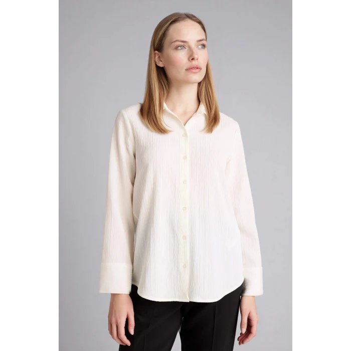 Defacto H0467AXER105 Ekru Regular Fıt Gofre Dokulu Gömlek