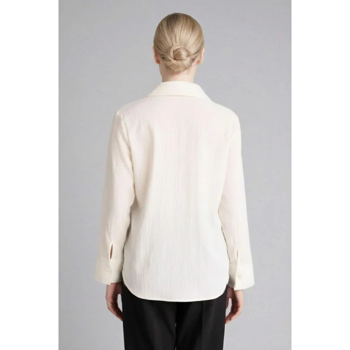 Defacto H0467AXER105 Ekru Regular Fıt Gofre Dokulu Gömlek
