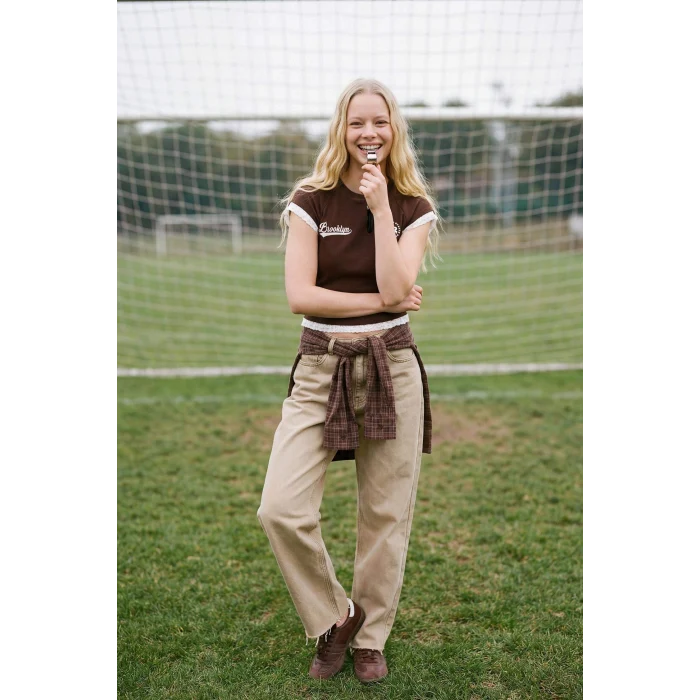 Defacto H1099AXBN539 Kahve Fıtted Baskılı Ribana Tişört