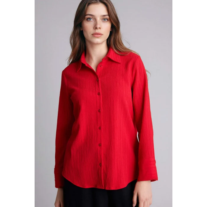 Defacto H0467AXRD256 Kırmızı Regular Fıt Gömlek Yaka Gofre Dokulu Uzun Kollu Gömlek