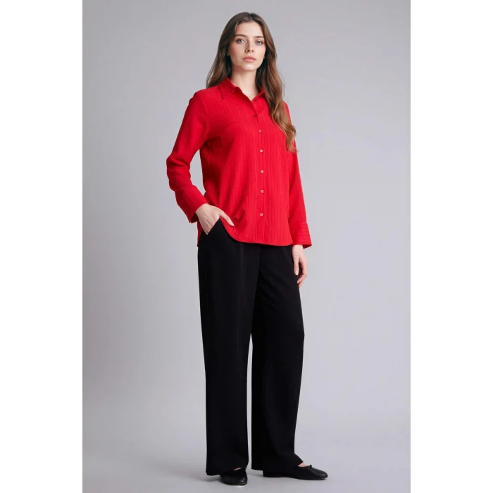 Defacto H0467AXRD256 Kırmızı Regular Fıt Gömlek Yaka Gofre Dokulu Uzun Kollu Gömlek