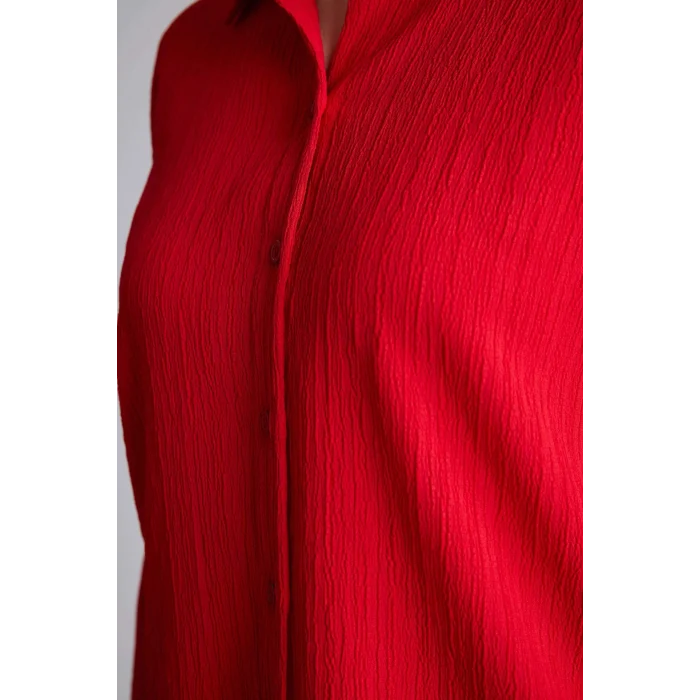 Defacto H0467AXRD256 Kırmızı Regular Fıt Gömlek Yaka Gofre Dokulu Uzun Kollu Gömlek