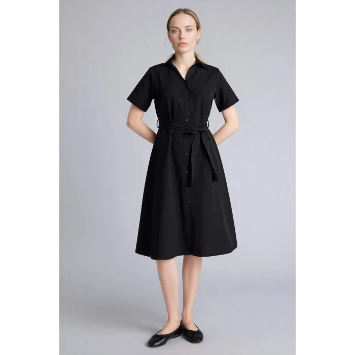 Defacto E7114AXBK81 Siyah A Kesim Gömlek Yaka Poplin Midi Elbise