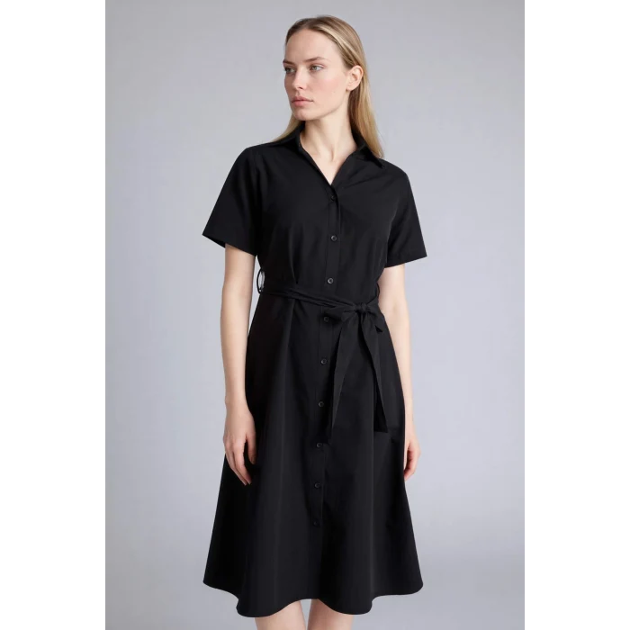 Defacto E7114AXBK81 Siyah A Kesim Gömlek Yaka Poplin Midi Elbise