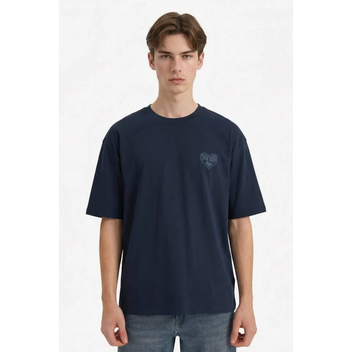 Defacto F8085AXNV64 Lacivert %100 Pamuk Boxy Fit Baskılı Tişört