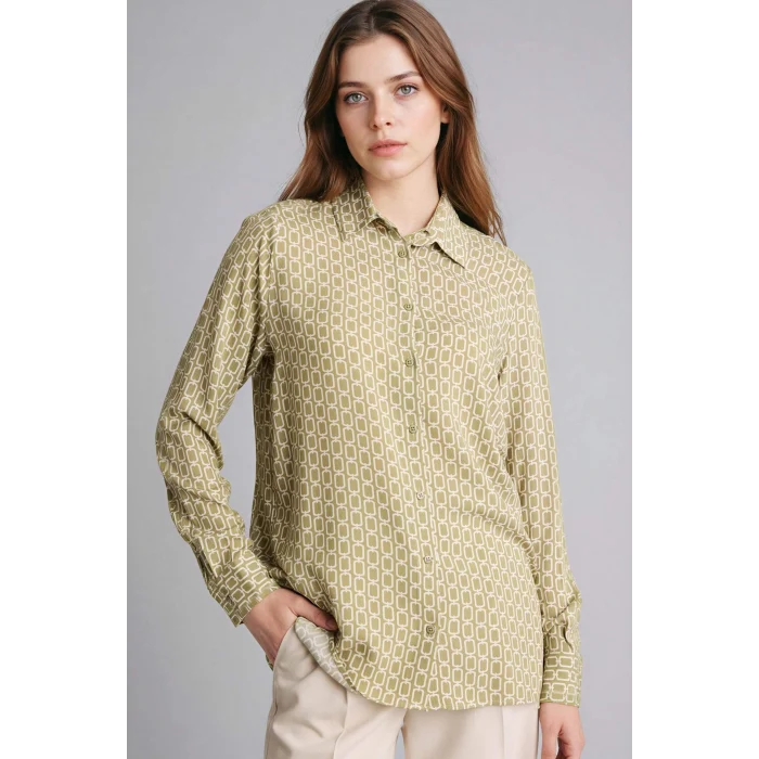 Defacto T0609AZKH176 Haki Loose Fıt Gömlek Yaka Baskılı Uzun Kollu Tunik